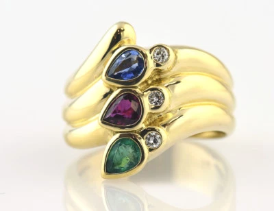 Ring Dia Saphir Rubin Smaragd 585/000 14 K Gelbgold 3 Brillanten zus. 0,09 ct - Bild 1 von 3