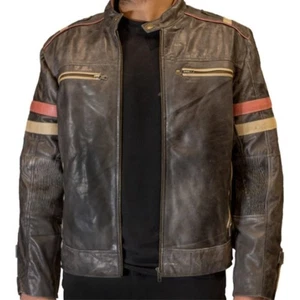 Men's Vintage Real Lambskin Leather Motorcycle Retro Stripes Jacket - Picture 1 of 4