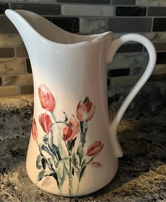 PIER 1 IMPORTS FLORAL TULIP IRONSTONE 9 1/2" WATER PITCHER NEW RETIRED - Image 1 of 3