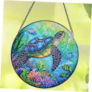 Sea Turtle Stained Glass Window Hanging, Round Ocean Coral Art Wall Blue-turtle - Picture 1 of 7