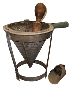 PRIMITIVE METAL CHINOIS SIEVE COLANDER CONE STRAINER~WOODEN MALLET~SCOOP~20'S - Picture 1 of 22
