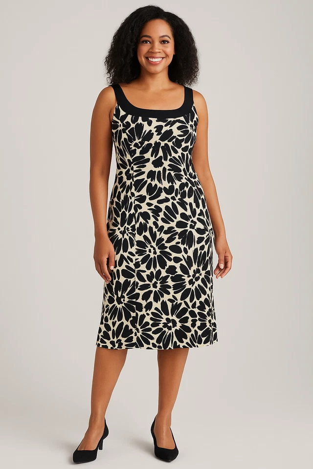 Vestido midi Evan Picone para mujer negro crema floral sin mangas cuello redondo talla 10 Foto 1 de 4