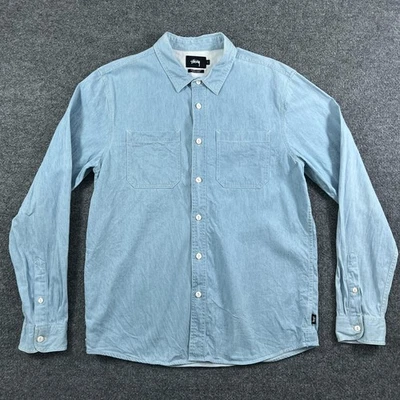Camisa Stussy Para Hombre Grande Azul Claro Cambray Botón Delantero Manga Larga Informal Foto 1 de 4
