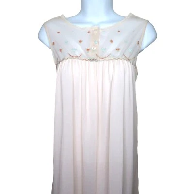 Vintage Gilead Peach Nylon Sleeveless Nightgown Embroidered Floral Yoke Medium - Image 1 of 4