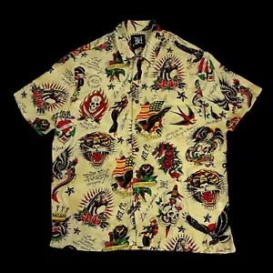 Camicia da uomo Ed Hardy taglia media stampa tatuaggio 100% viscosa manica corta bottoni - Foto 1 di 9