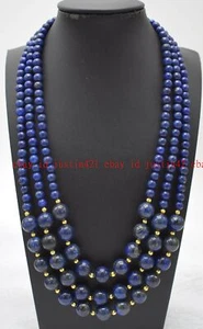3 Rows Natural 6+12mm Blue Lapis Lazuli Gemstone Round Beads Necklace 18-20" - Picture 1 of 6