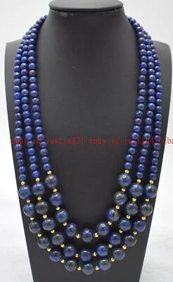 3 Rows Natural 6+12mm Blue Lapis Lazuli Gemstone Round Beads Necklace 18-20" - Image 1 of 4