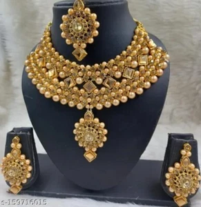 Indian Bollywood Style Diamante Kundan Pearl Gold Plated Bridal Jewelry Set - Picture 1 of 1