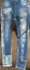JUSTICE DENIM JEGGINGS SZ 12 IRIDESCENT SHIMMER FRONT STRETCH MID RISE CUTE!! - Picture 1 of 3
