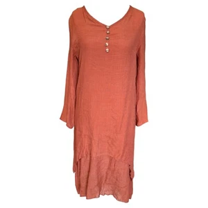 Dayou Burnt Orange Tunic Dress L | V Neck Layered Boho Linen Look Long Sleeve - Picture 1 of 6