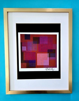 VICTOR VASARELY IMPRESSÃO DE 1970 + RESUMO GEOMÉTRICO ASSINADO +NOVO QUADRO 14x11 polegadas! - Imagem 1 de 3