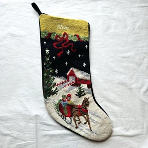 Lands End Needlepoint Christmas Stocking Monogrammed MOM Sleigh Ride Navy Back - Picture 1 of 6