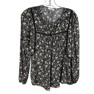 Mystree Blouse Women S Black Beige Boho Cottagecore Prairie Hippie Peasant Vneck - Picture 1 of 10