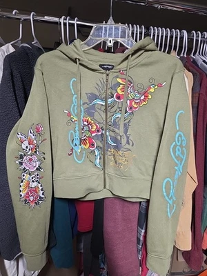 Mariposa vintage Y2K Ed Hardy cremallera verde oliva multicolor pequeña  Foto 1 de 4