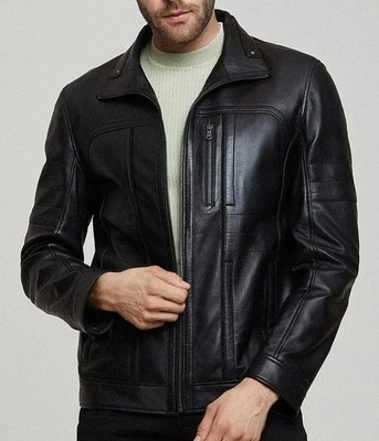 Mens Black Zippered Accent Lambskin Leather Biker Jacket | Real Leather Jacket - Image 1 of 4