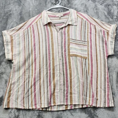 Top Maurices Mujer XXL Rosa Blanco Tostado Rayas Mezcla de Lino Manga Corta Corto Foto 1 de 4