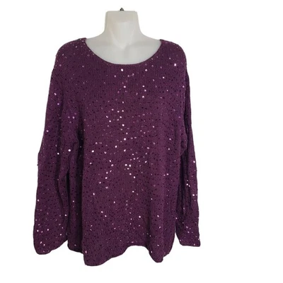 Suéter Maggie Sweet Para Mujer Grande Púrpura Lentejuelas Tejido Pullover Cuello Redondo Largo Slv Foto 1 de 4