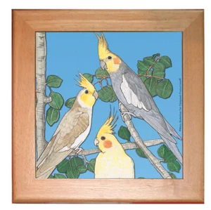 Cockatiel Bird Kitchen Ceramic Trivet Framed in Pine 8" x 8" - Picture 1 of 1