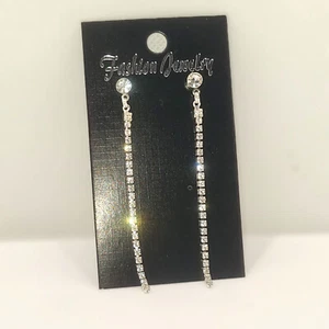 Long Dangle Drop Silver Earrings Diamante Rhinestone Sparkle Christmas Gift UK - Picture 1 of 2