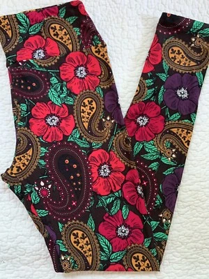 Leggings LuLaRoe OS Rojo Magenta Púrpura Hibisco Naranja Paisley Floral Sobre Marrón Foto 1 de 4