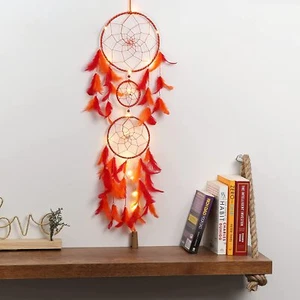 Dream Catcher Orange & Red Feathers With Lights Wall Hangings Crafts Home Décor - Picture 1 of 5