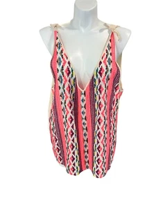 DOLAN Anthropologie 2X Southwestern Embroidered Tie-Strap Pink Beige Hippie Tank - Picture 1 of 6