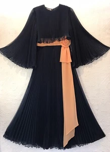 VTG MISS ELLIETTE Navy Chiffon Accordian Pleat Ruffle Capelet MAXI DRESS PEACH - Picture 1 of 12