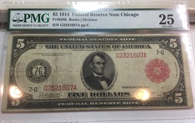 1914 $5 Federal Reserve Note Chicago FR-838b RARE RED SEAL - PMG VF 25 Very Fine - Image 1 of 4