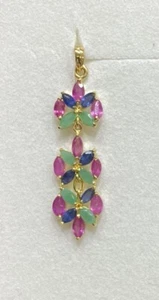 14k Solid Yellow Gold Dangle Pendant With Natural Emerald Ruby Sapphire 1.50GM - Picture 1 of 7