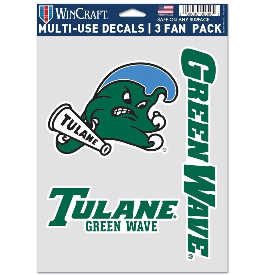 Hoja de calcomanías adhesivas multiuso Tulane Green Wave NCAA - Paquete de 3 ventiladores *Envío gratuito Foto 1 de 1