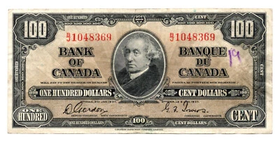 Bank of Canada 1937 $100 Dollars Gordon-Towers BJ Prefix Writing Very Fine - Image 1 of 2