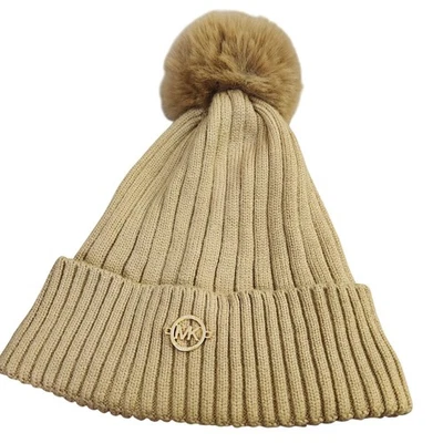 Michael Kors Imitación Piel Forrado de Vellón Pom Gorro Invierno Tejido Gorra Oro Logo Cálido Foto 1 de 4