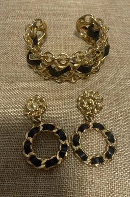 DE COLECCIÓN ERWIN PERLA Tono Dorado Cuero Negro Clip Pendientes y Brazalete Pulsera 8" Foto 1 de 4