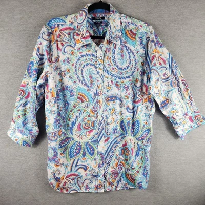 Camisa Chaps Feminina 1X Branca Azul Paisley Sem Botão de Ferro Frente Manga Longa Algodão - Imagem 1 de 4