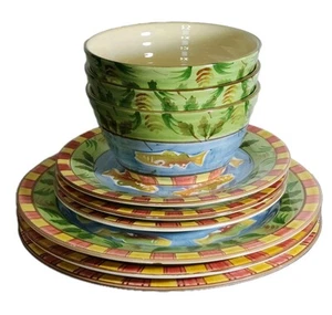 9pc Bella Ceramica Timberline 3 DINNER, 3 SALAD Plates, 3 BOWLS Moose Fish Cabin - Picture 1 of 10