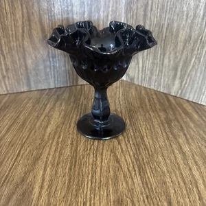 Vintage Fenton Glass Black Thumbprint Ruffled Edge Pedestal Compote Candy Dish. - Picture 1 of 7