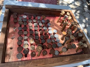 Vintage Round Topped RAILROAD DATE NAILS In Case (between 80 & 100) - Picture 1 of 11