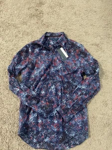 Perry Ellis Shirt Mens Medium Blue Red Stretch Long Sleeve Button Up Modern Fit - Picture 1 of 7