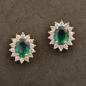 14k gold finish Silver Oval Emerald Zircon Gemstone Minimalist Stud Earrings - Picture 1 of 2