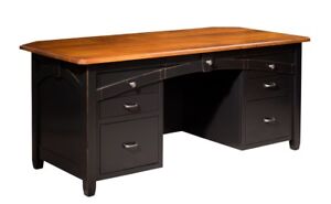 Amish Computer Desk Solid Wood Distressed Black File Drawers 68"W