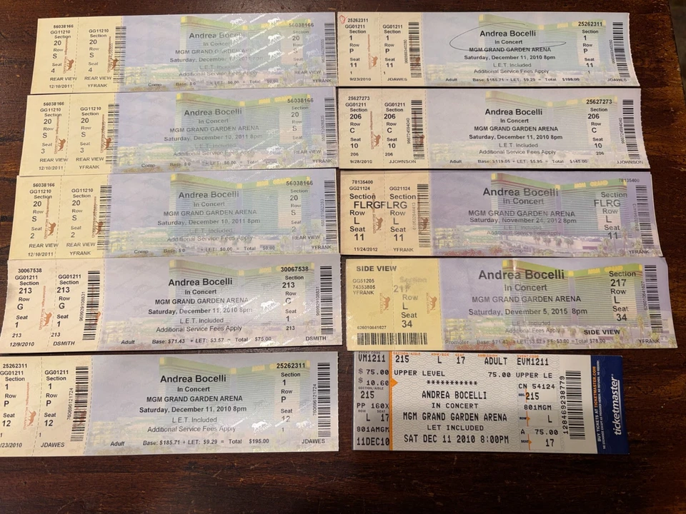 2010 - 2015 Andrea Bocelli Complete Concert Ticket Stub Lot Las Vegas NV - Image 1 of 1