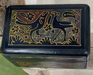 Charming Tiny Black Hardwood Folk Art Wedding Box;Incised Animal Design Handmade - Picture 1 of 5