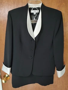 Le Suit Essentials Petite 12P black white trim 2-pc skirt suit 3-button blazer - Picture 1 of 12