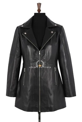 Ladies Biker Style Black Leather Jacket Mid Length Slim Fit Real Lambskin Coat - Image 1 of 4