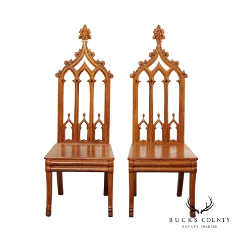 Antique Gothic Revival Pair of Carved Oak Side Chairs Cover
