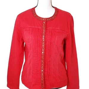 Chicos Statement Jacket Women's Chicos Size 1 Red Embellished Collar Snap Front - Picture 1 of 10