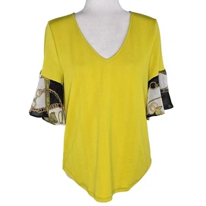 Blusa Top New York & Co 7th Avenue NUEVA CON ETIQUETAS Estampado de Cadena Manga Transparente Pequeña Amarilla - Imagen 1 de 16