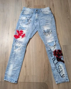 Rare Smoke Rise Designer Jeans Size 32x32 Too Blessed Distressed Ripped Patches - Picture 1 of 15