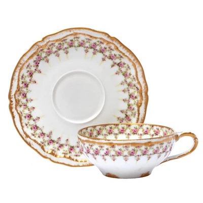 Antique Theodore Haviland Limoges Porcelain Cup Saucer Pink Rose Schleiger 349A - Image 1 of 4