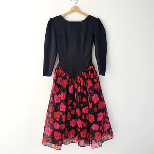 Vintage S/M 80s Black Satin Pink Red Floral Organza Skirt Long Sleeve Prom Dress - Picture 1 of 10